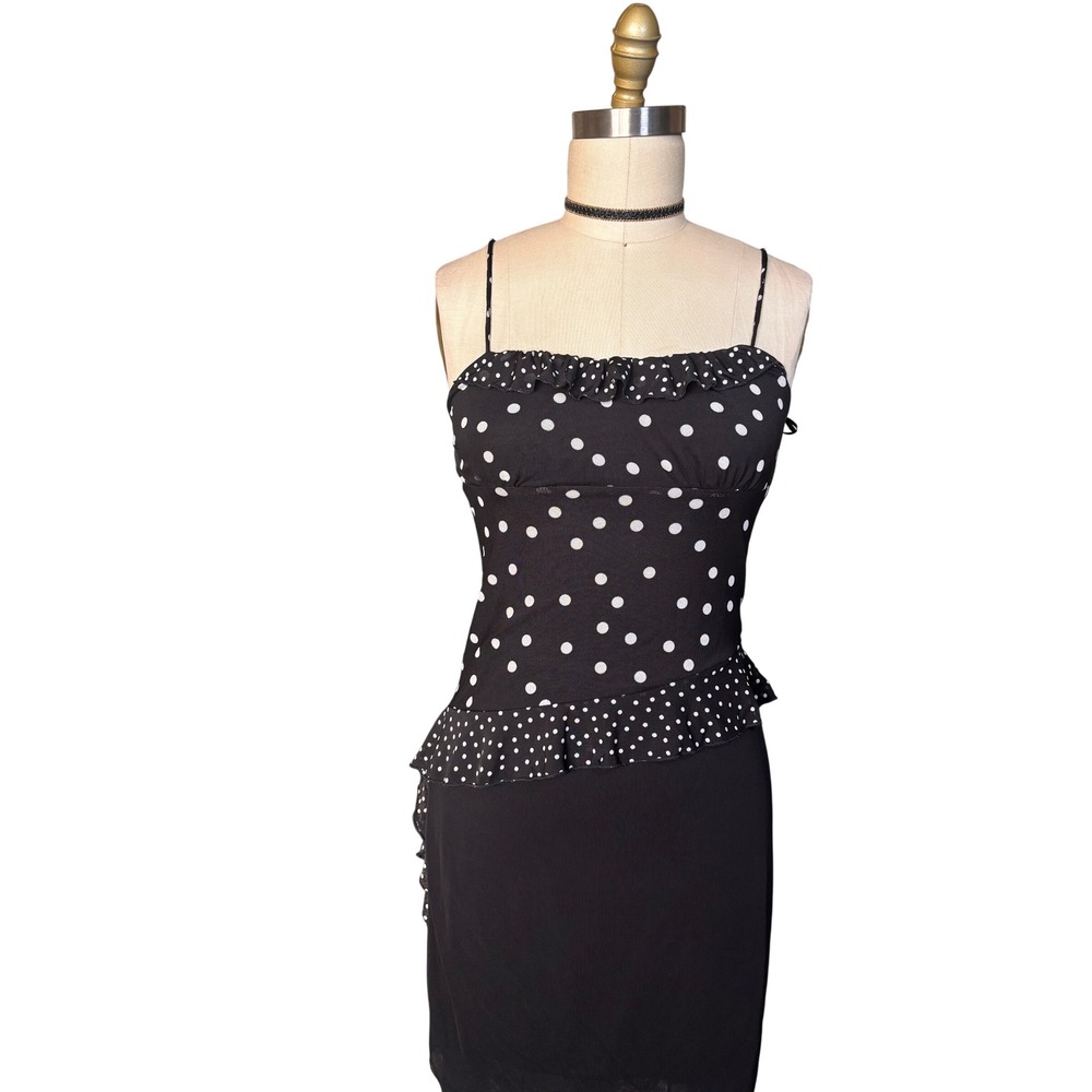 Polka Dot Ruffle Asymmetrical La Peche‎ Camisole Top Small Black